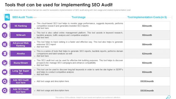 Tools That Can Be Used For Implementing SEO Audit Ppt Inspiration Files PDF