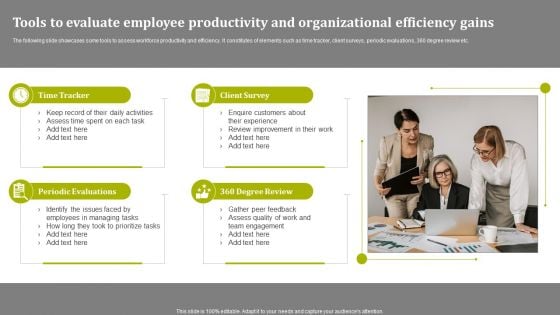 Tools To Evaluate Employee Productivity And Organizational Efficiency Gains Icons PDF