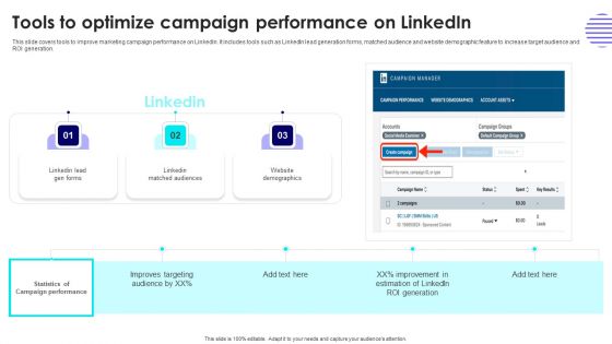 Tools To Optimize Campaign Performance On Linkedin Portrait PDF Tools To Optimize Campaign Performance On Linkedin Portrait PDF