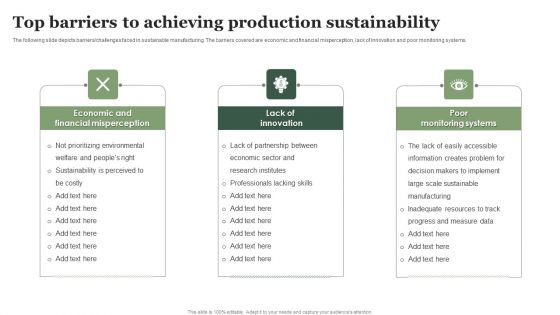 Top Barriers To Achieving Production Sustainability Ppt Gallery Rules PDF Top Barriers To Achieving Production Sustainability Ppt Gallery Rules PDF