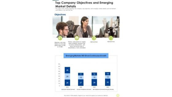 Top Company Objectives And Emerging Market Details One Pager Documents