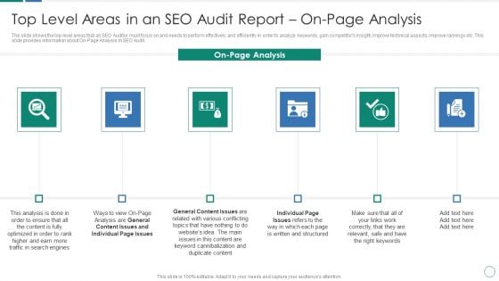 Top Level Areas In An SEO Audit Report On Page Analysis Ppt Gallery Slide Portrait PDF