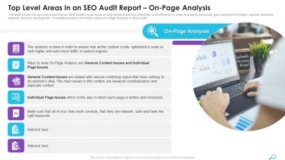 Top Level Areas In An SEO Audit Report On Page Analysis Ppt Pictures Template PDF