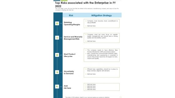 Top Risks Associated With The Enterprise In FY 2022 One Pager Documents