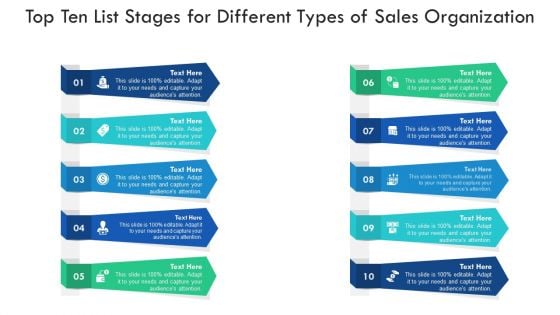 Top Ten List Stages For Different Types Of Sales Organization Ppt PowerPoint Presentation Ideas PDF