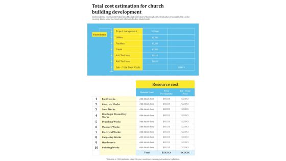Total Cost Estimation For Church Building Development One Pager Sample Example Document Total Cost Estimation For Church Building Development One Pager Sample Example Document