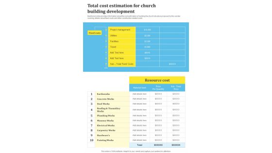 Total Cost Estimation For Church Building Development One Pager Sample Example Document