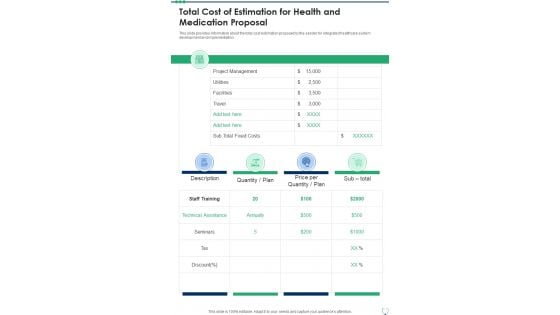 Total Cost Of Estimation For Health And Medication Proposal One Pager Sample Example Document