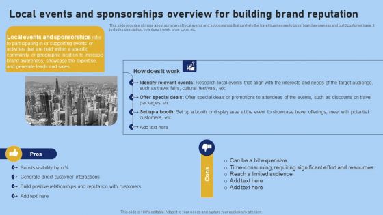 Tour And Travel Agency Marketing Local Events And Sponsorships Overview For Building Download PDF