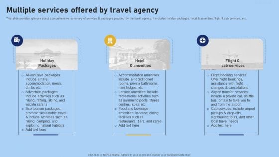 Tour And Travel Agency Marketing Multiple Services Offered By Travel Agency Sample PDF