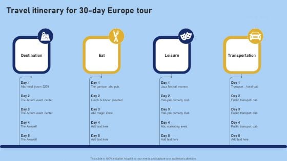 Tour And Travel Agency Marketing Travel Itinerary For 30 Day Europe Tour Pictures PDF Tour And Travel Agency Marketing Travel Itinerary For 30 Day Europe Tour Pictures PDF