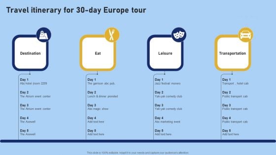 Tour And Travel Agency Marketing Travel Itinerary For 30 Day Europe Tour Pictures PDF