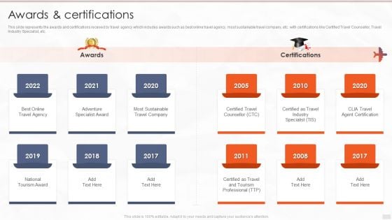 Tour Management Company Profile Awards And Certifications Download PDF