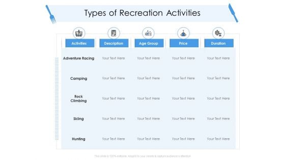 Tourism And Hospitality Industry Types Of Recreation Activities Mockup PDF