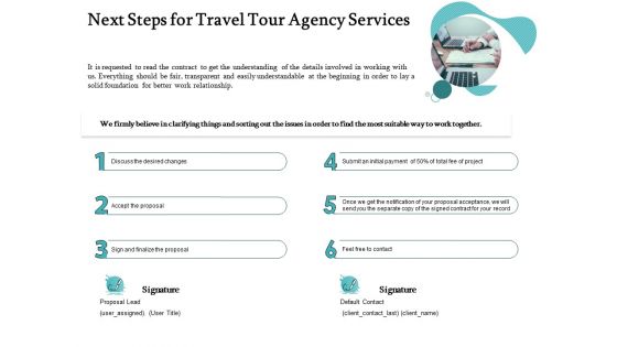 Tourism And Leisure Firm Next Steps For Travel Tour Agency Services Ppt Gallery Example PDF Tourism And Leisure Firm Next Steps For Travel Tour Agency Services Ppt Gallery Example PDF