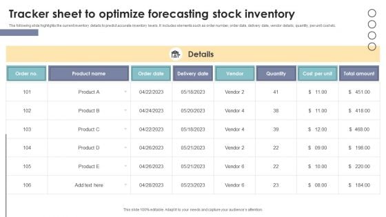 Tracker Sheet To Optimize Forecasting Stock Inventory Portrait PDF