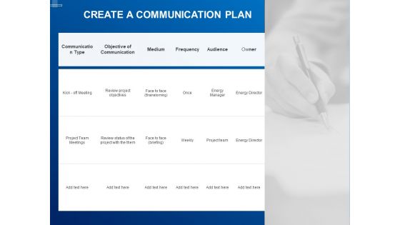 Tracking Energy Consumption Create A Communication Plan Ppt Layouts Design Inspiration PDF