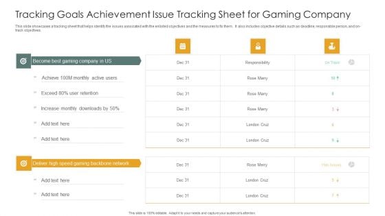 Tracking Goals Achievement Issue Tracking Sheet For Gaming Company Icons PDF