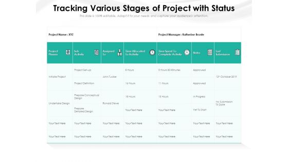 Tracking Various Stages Of Project With Status Ppt PowerPoint Presentation Gallery Ideas PDF