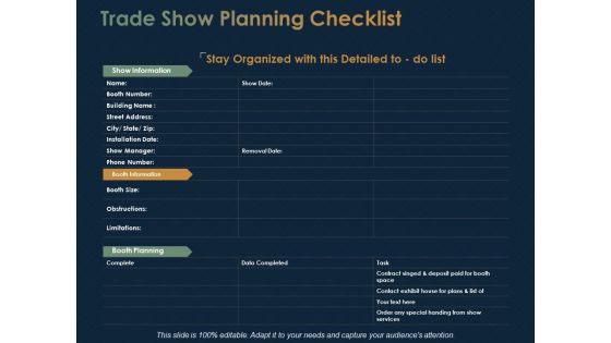 Trade Show Planning Checklist Ppt PowerPoint Presentation Visual Aids Backgrounds