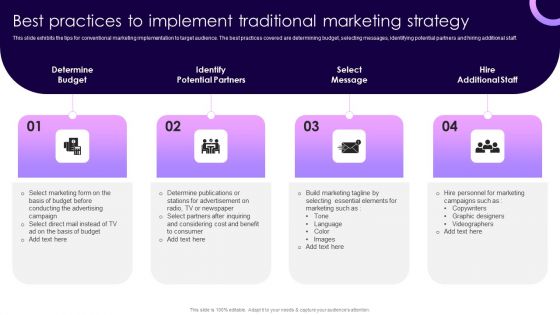 Traditional Marketing Guide To Increase Audience Engagement Best Practices To Implement Traditional Marketing Strategy Ideas PDF
