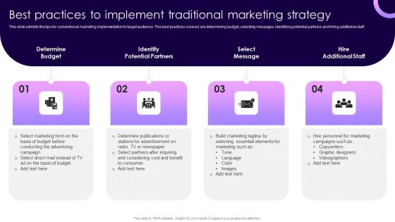 Traditional Marketing Guide To Increase Audience Engagement Best Practices To Implement Traditional Marketing Strategy Ideas PDF Traditional Marketing Guide To Increase Audience Engagement Best Practices To Implement Traditional Marketing Strategy Ideas PDF