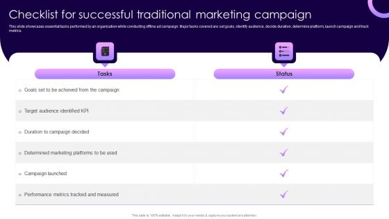 Traditional Marketing Guide To Increase Audience Engagement Checklist For Successful Traditional Marketing Campaign Portrait PDF