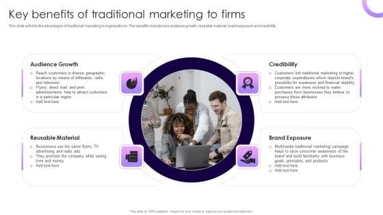 Traditional Marketing Guide To Increase Audience Engagement Key Benefits Of Traditional Marketing To Firms Background PDF Traditional Marketing Guide To Increase Audience Engagement Key Benefits Of Traditional Marketing To Firms Background PDF