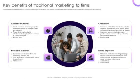 Traditional Marketing Guide To Increase Audience Engagement Key Benefits Of Traditional Marketing To Firms Background PDF