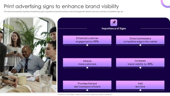 Traditional Marketing Guide To Increase Audience Engagement Print Advertising Signs To Enhance Brand Visibility Icons PDF