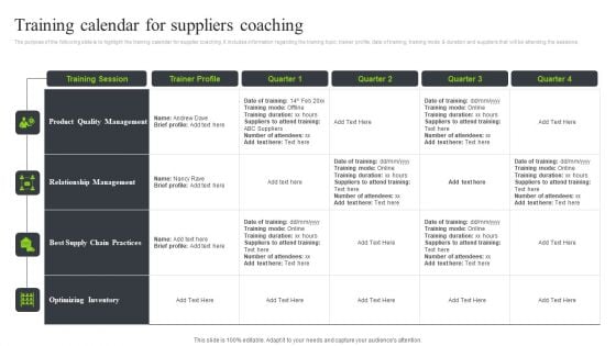 Training Calendar For Suppliers Coaching Template PDF