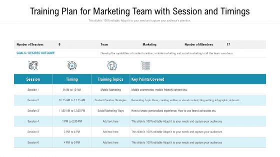 training plan for marketing team with session and timings ppt slides portfolio pdf