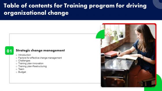 Training Program For Driving Organizational Change Table Of Contents Ppt PowerPoint Presentation File Icon PDF