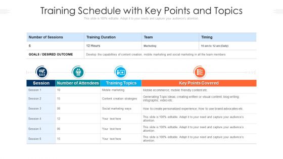 Training Schedule With Key Points And Topics Ppt PowerPoint Presentation File Graphics Tutorials PDF