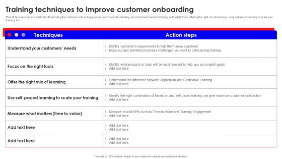 Training Techniques To Improve Customer Onboarding Summary PDF