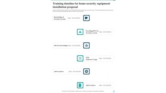 Training Timeline For Home Security Equipment Installation Proposal One Pager Sample Example Document Training Timeline For Home Security Equipment Installation Proposal One Pager Sample Example Document