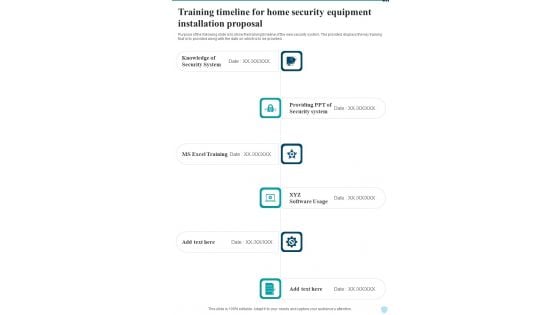 Training Timeline For Home Security Equipment Installation Proposal One Pager Sample Example Document