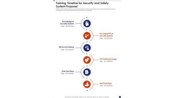 Training Timeline For Security And Safety System Proposal One Pager Sample Example Document