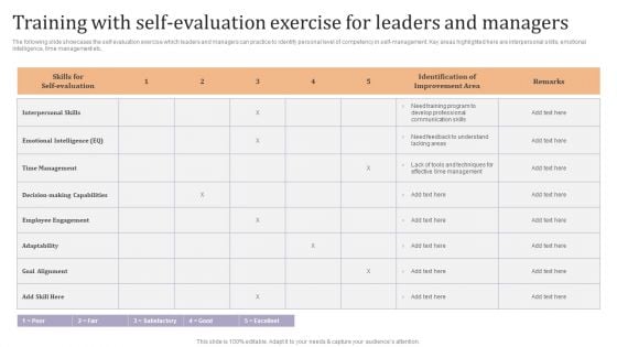 Training With Self Evaluation Exercise For Leaders And Managers Ppt Gallery Background Designs PDF Training With Self Evaluation Exercise For Leaders And Managers Ppt Gallery Background Designs PDF