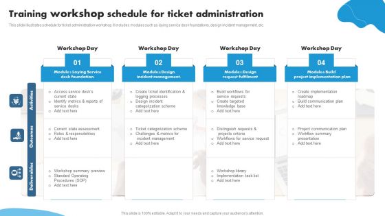 Training Workshop Schedule For Ticket Administration Ppt PowerPoint Presentation Ideas Guidelines PDF