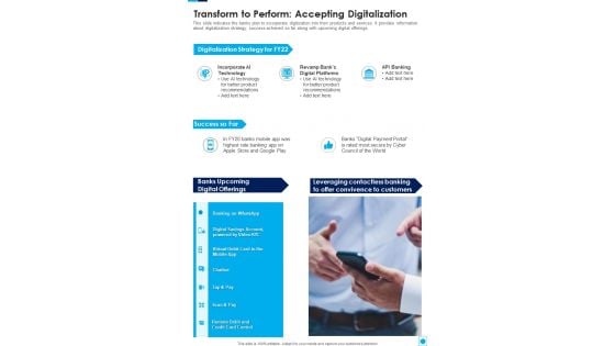 Transform To Perform Accepting Digitalization One Pager Documents