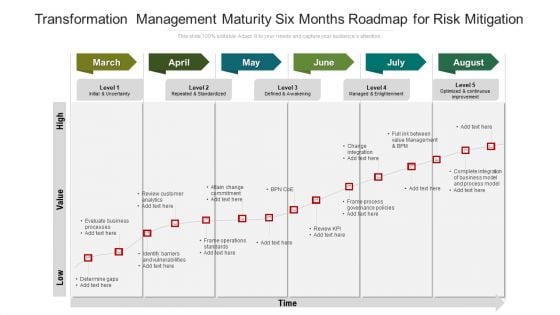 Transformation Management Maturity Six Months Roadmap For Risk Mitigation Elements Transformation Management Maturity Six Months Roadmap For Risk Mitigation Elements