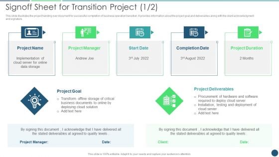 Transformation Plan Signoff Sheet For Transition Project Ppt PowerPoint Presentation File Show PDF