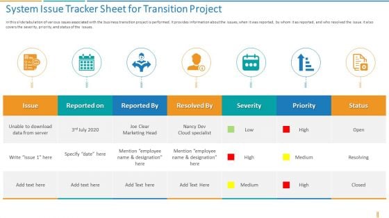 Transformation Plan System Issue Tracker Sheet For Transition Project Ppt Diagrams PDF