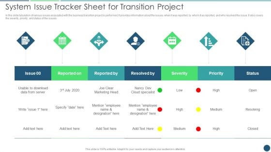 Transformation Plan System Issue Tracker Sheet For Transition Project Ppt PowerPoint Presentation File Designs Download PDF Transformation Plan System Issue Tracker Sheet For Transition Project Ppt PowerPoint Presentation File Designs Download PDF