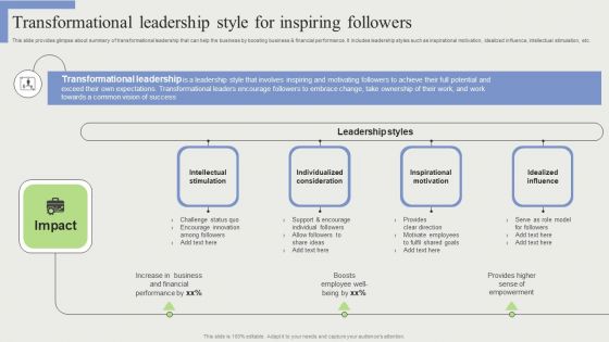 Transformational Leadership Style For Inspiring Followers Icons PDF