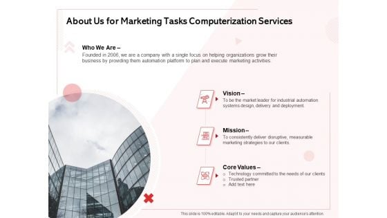 Transforming Marketing Services Through Automation Proposal About Us For Marketing Tasks Computerization Services Ideas PDF Transforming Marketing Services Through Automation Proposal About Us For Marketing Tasks Computerization Services Ideas PDF