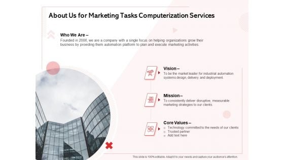 Transforming Marketing Services Through Automation Proposal About Us For Marketing Tasks Computerization Services Ideas PDF