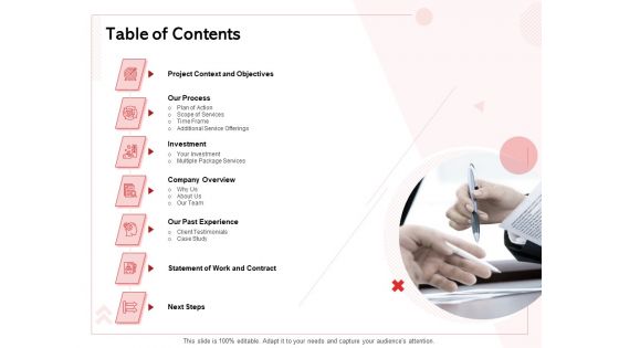 Transforming Marketing Services Through Automation Proposal Table Of Contents Icons PDF