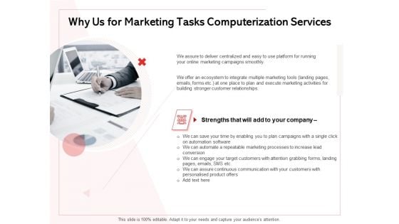 Transforming Marketing Services Through Automation Proposal Why Us For Marketing Tasks Computerization Services Summary PDF